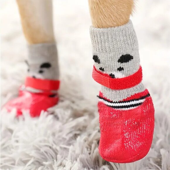 4 Pet Socks Weatherproof Dog Cat Velcro Non Slip Cute sz Small Red Gray Black - Picture 3 of 4